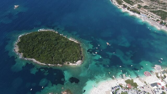 Beautiful seascape. Beach on coast of Ionian Sea in Albania, View from drone