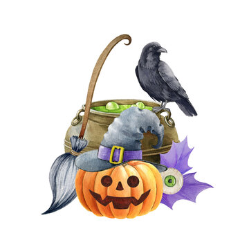 Witchcraft halloween illustration. Black raven bird, kettle, pumpkin, broom. Wizard magic objects decoration. Halloween decor element. Spooky funny autumn decor. White background