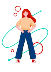 Vector Illustration, Cartoon Style On White Background. Strong Female Character And Stylized Infographic Objects Behind. Woman Full Size Standing