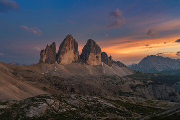 Fototapeta na wymiar Three peaks of Tre Cime di Lavaredo during sunset