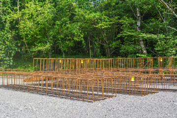 Steel cages, or Rebar and Mesh for home foundations on a building site