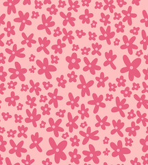Ditsy seamless pattern with simple hand drawn pink flower doodles on pink background. Vector monochrome floral background texture, children girl textile, wallpaper.