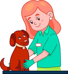 Vector Illustration On White Background. Female Veterinarian Doctor With Pet. Character In Blue Robe Holding Brown Dog. Animal Healthcare Concept