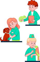 Three Characters Set. Vector Illustration On White Background. Male And Female Veterinarians Doctors With Pets. Characters In Blue Robe. Animal Healthcare Concept
