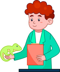 Vector Illustration On White Background. Male Veterinarian Doctor With Pet. Character In Blue Robe Holding Document Folder And Iguana. Animal Healthcare Concept