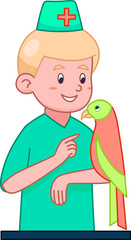 Vector Illustration On White Background. Male Veterinarian Doctor With Pet. Character In Blue Robe Holding Parrot. Animal Healthcare Concept
