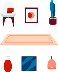 Vector Illustration Set Of House Design Interior Elements. Armchair, Pictures, Houseplant, Carpet, Vase And Lamp. White Background