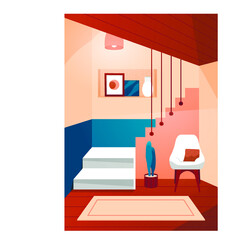Vector Illustration Of Interior. Indoors Design In Cosy Colors. Ladder, Plant, Carpet, Armchair. House Inside Elements. Background Composition