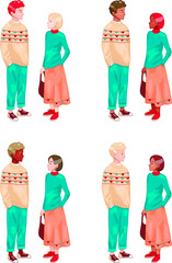 Vector Illustration Of People. Set Of Couples. Multicultural Concept. Relationship, Love And Peace. Men And Women With Different Skin Color Looking Same