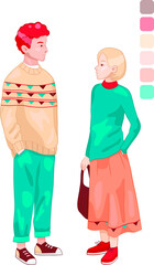 Vector Illustration Of Young Couple. Stylized Characters. Male And Female. Love, Relationship Concept. Trendy Man And Woman Standing, Color Palette Near