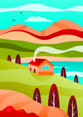 Vector Illustration Of Beautiful Landscape. Cosy House On Hill Near Lake, Mountains Behind, Blue Sky And Birds. Background For Wallpaper, Bookcover