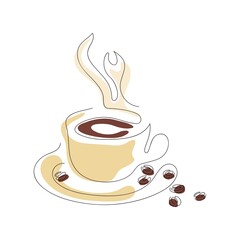 Continuous single line cup of hot coffee with steam, on a white background. International Coffee Day. Vector hand drawing for logo, icon, poster, greeting card.