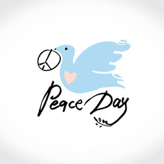 Peace Day. Dove. Hand draw naive illustration. Flat design. Vector template for design