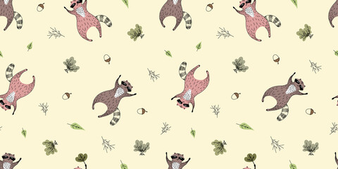 cute children's pattern with pink raccoons. Seamless vector pattern for wallpaper in the children's room, for office supplies, children's clothing, pajamas, bib. doodle style.