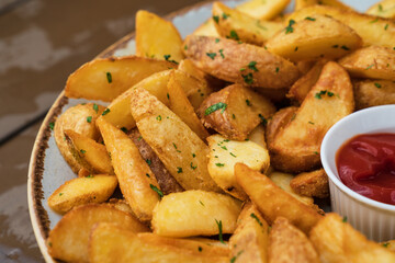 fried potatoes on the village with red sauce. fry potatoes with ketchup.