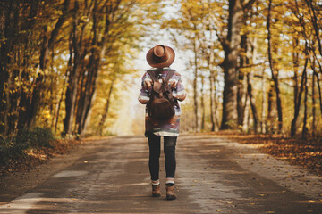 Stylish woman traveller in hat with backpack walking on road in sunny autumn woods. Young female hipster hiking in fall forest, beautiful moment. Travel and wanderlust concept. Back view