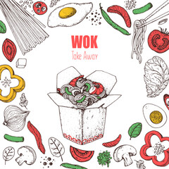 Hand drawn vector illustration - Wok box sketch, ingredients for wok . Noodles in a carton box. Asian food.