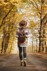 Stylish woman traveller in hat with backpack walking on road in sunny autumn woods. Young female...