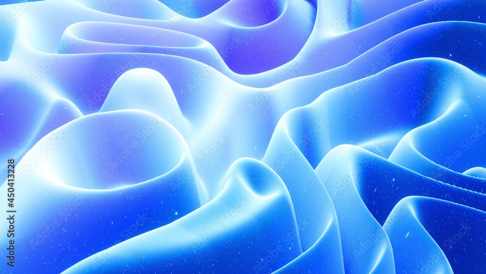 Poster abstract waves of soft blue matte material with light inner glow and glitters on surface. abstract g