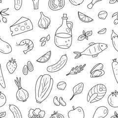 Seamless pattern with natural products on a white background. Vector illustration in doodle style. Vector illustration in doodle style. Perfect for the design of a grocery store, packaging, website. V
