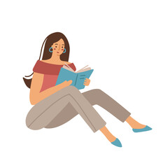 Dark hair woman reading a book. Isolated flat vector illustration for education, books shop, magazine promo, fashion poster, banner, library logo, icon, bibliophile post card