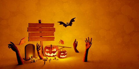 halloween background with blank wooden sign 3D illustration