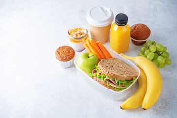 Healthy school lunch with a sandwich, fresh fruits and juice