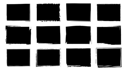 Dirty frames for design in grunge style. Ink brush strokes. A set of distress textures of a square or rectangular shape. Isolated backgrounds for design of text frames, posters, banners. Black, white.