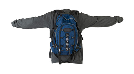 gray sweatshirt and blue  backpack insulated on white background