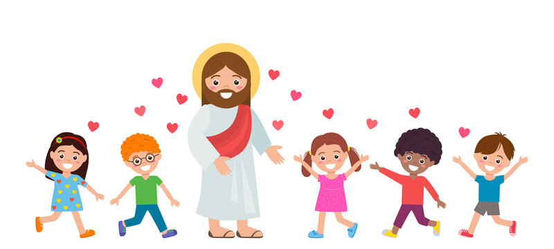 joyful children follow Jesus Christ. the concept of Sunday school and  religious education. Stock Vector | Adobe Stock