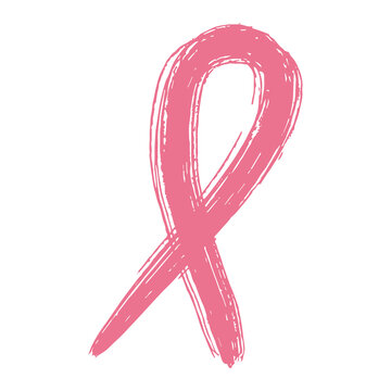 Pink ribbon - breast cancer awareness symbol emblem. Grunge textured hand drawn ink paint stroke. Clip art, vector design element for healthcare medical concept isolated on white background