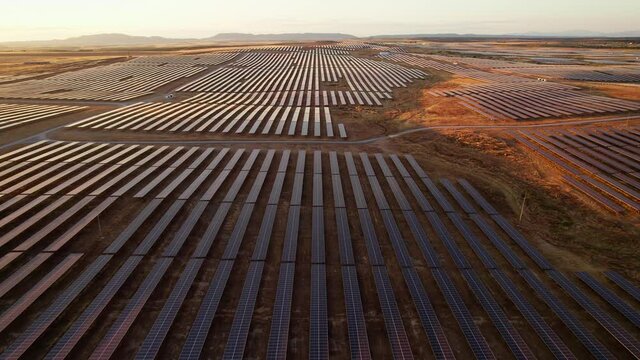 Massive solar plant at sunset. Hundreds of moving solar panels to provide clean energy. Talasol. Drone going backwards and up, revealing the solar plant.