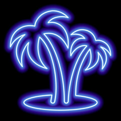 Blue neon outline of two palm trees on the beach on a black background. Rest, travel, vacation. Icon illustration