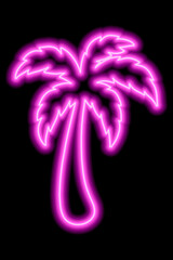 Pink neon outline of palm tree on a black background. Rest, travel, vacation. Icon illustration