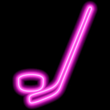 A simple image of a hockey stick and puck. Pink neon contour. Icon illustration