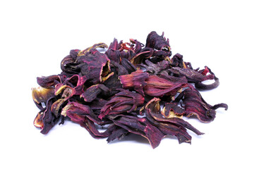 Dried hibiscus petals on white background.