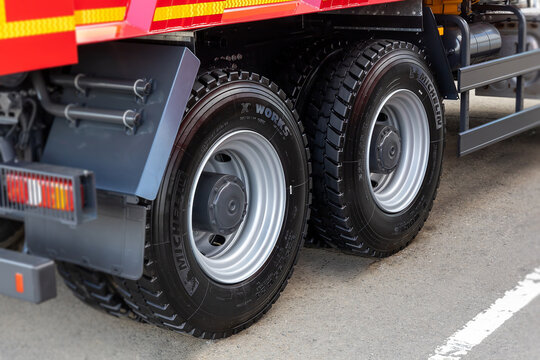 Rear wheels of a truck with Michelin X Works tires. New tubeless tires on a clean truck. Moscow, Russia - May 25, 2021