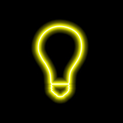 Simple neon yellow light bulb outline on black background. Vector illustration