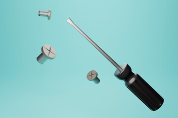 A metal screwdriver with a black handle and a number of screws. 3d render