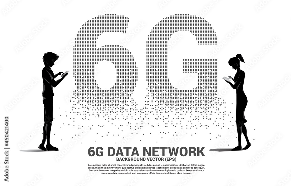 Poster Silhouette of man and woman use mobile phone standing with 6G mobile networking from small square pixel. Concept for mobile sim card technology and network.