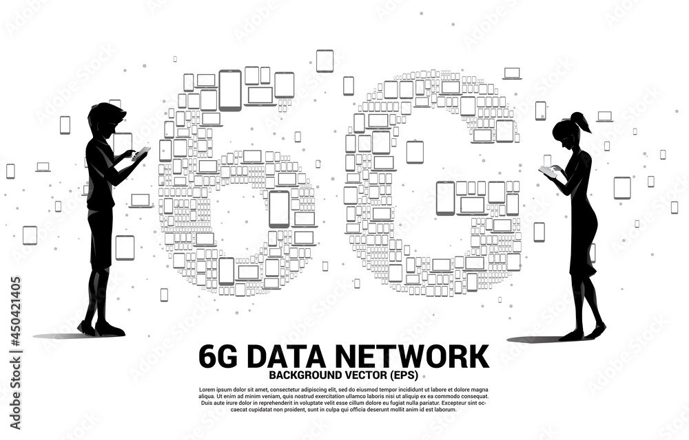 Poster silhouette of man and woman use mobile phone standing with 6g data technology from device icon. conc