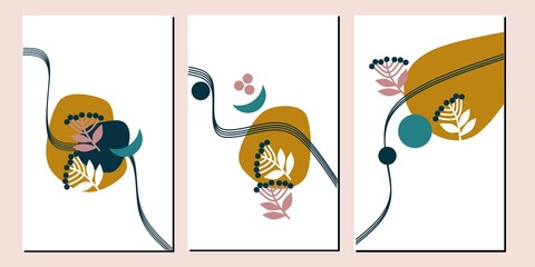 Set three of tropical wall art. Minimal organic shapes wall decor. Bontanical flowers wall Decorations. Scandinavian home decorations.