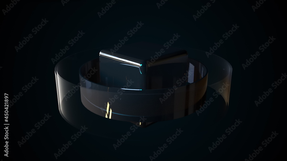 Poster futuristic stripes wrapping around 3d render of realistic square. dynamic cyber presentation with vi