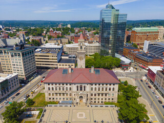 Worcester City Hall aerial view and Worcester Plaza building on Main Street with modern skyline at the background, Worcester, Massachusetts MA, USA. 