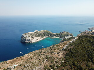 Fototapeta na wymiar Blue tropical greek bay drone photo
