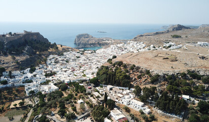 Fototapeta na wymiar Old greek town Lindos drone view