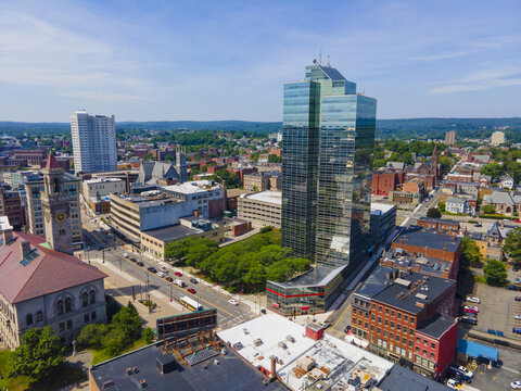 Worcester city center aerial view including Worcester Plaza building on Main Street with modern skyline at background, Worcester, Massachusetts MA, USA. 