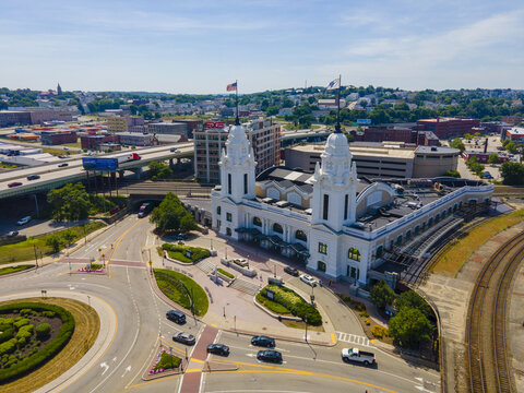 Worcester Union Station aerial view. The station was built in 1911, is a railway station located at 2 Washington Square in downtown Worcester, Massachusetts MA, USA. 