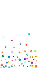 Watercolor confetti on white background. Alluring rainbow colored dots. Happy celebration high colorful bright card. Sublime hand painted confetti.
