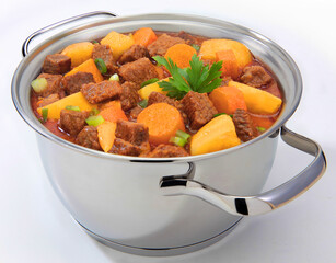 Picadinho. Carne de panela com batatas e cenoura em caçarola de aço em fundo branco isolado.